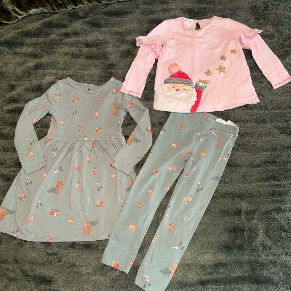 H&M Pink and Green Kids Pajama Set with Santa and Animal Prints